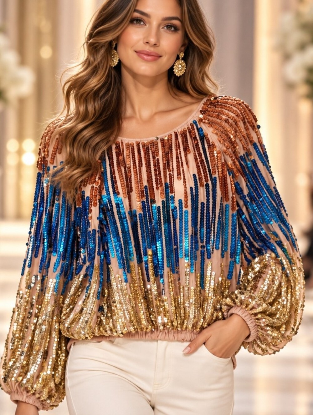 Multicolor Sequin Balloon Sleeve Statement Blouse Blush Blue & Gold Size M/L